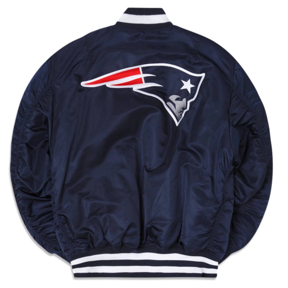 New England Patriots Ma-1 Bomber Blue Satin Varsity Jacket - Image 2