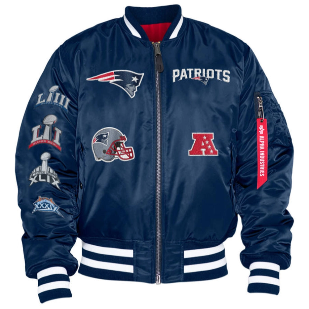 New England Patriots Ma-1 Bomber Blue Satin Varsity Jacket