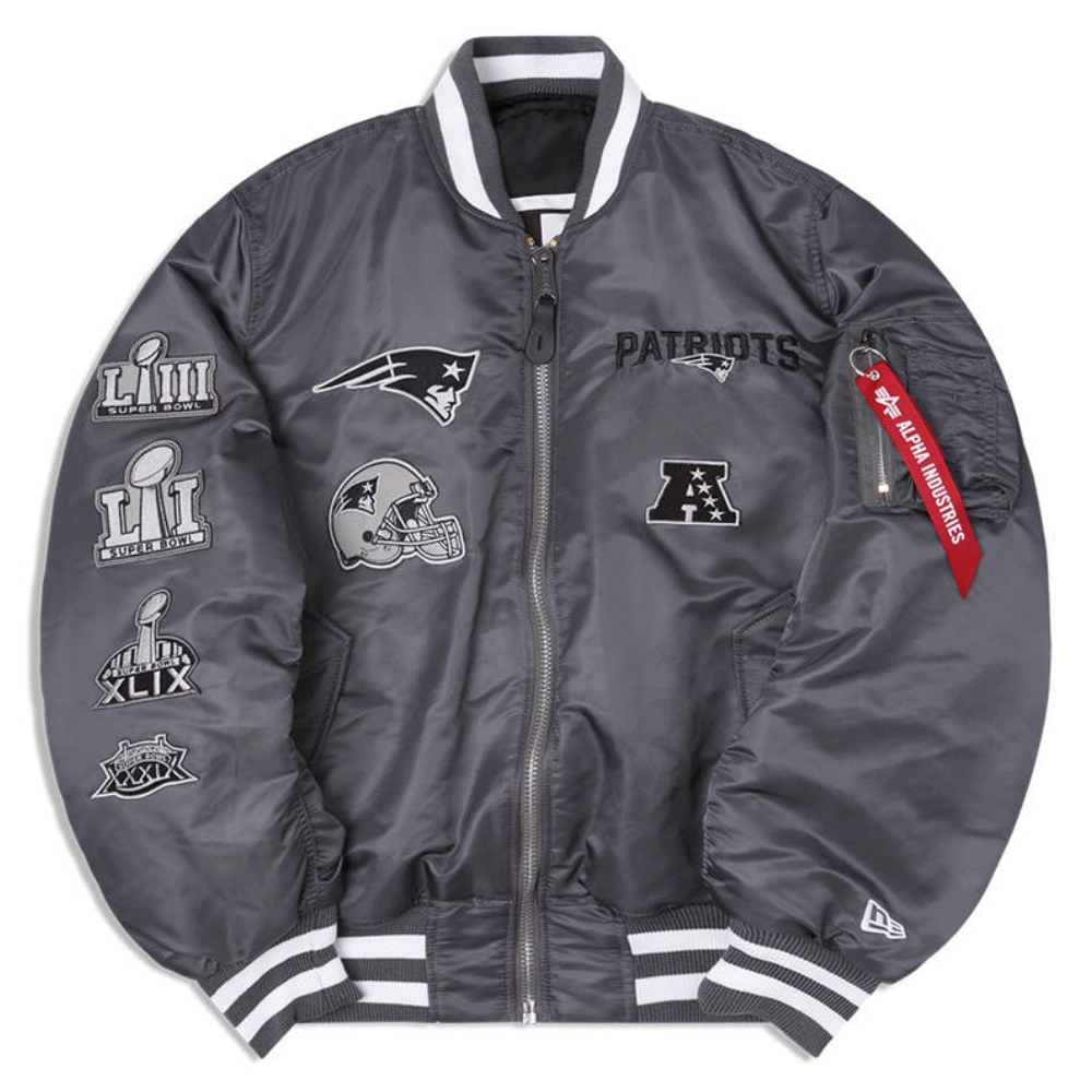 New England Patriots Ma-1 Bomber Satin Grey Varsity Jacket