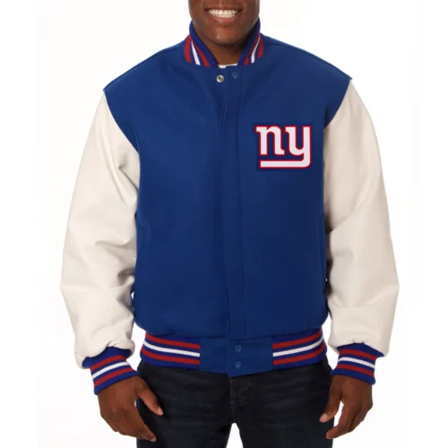New York Giants Two Tone Blue/White Real Wool & Leather Jacket