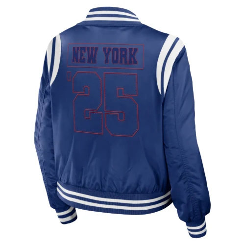 Alternative view of New York Giants Women's Full-Zip Bomber Blue Satin Varsity Jacket