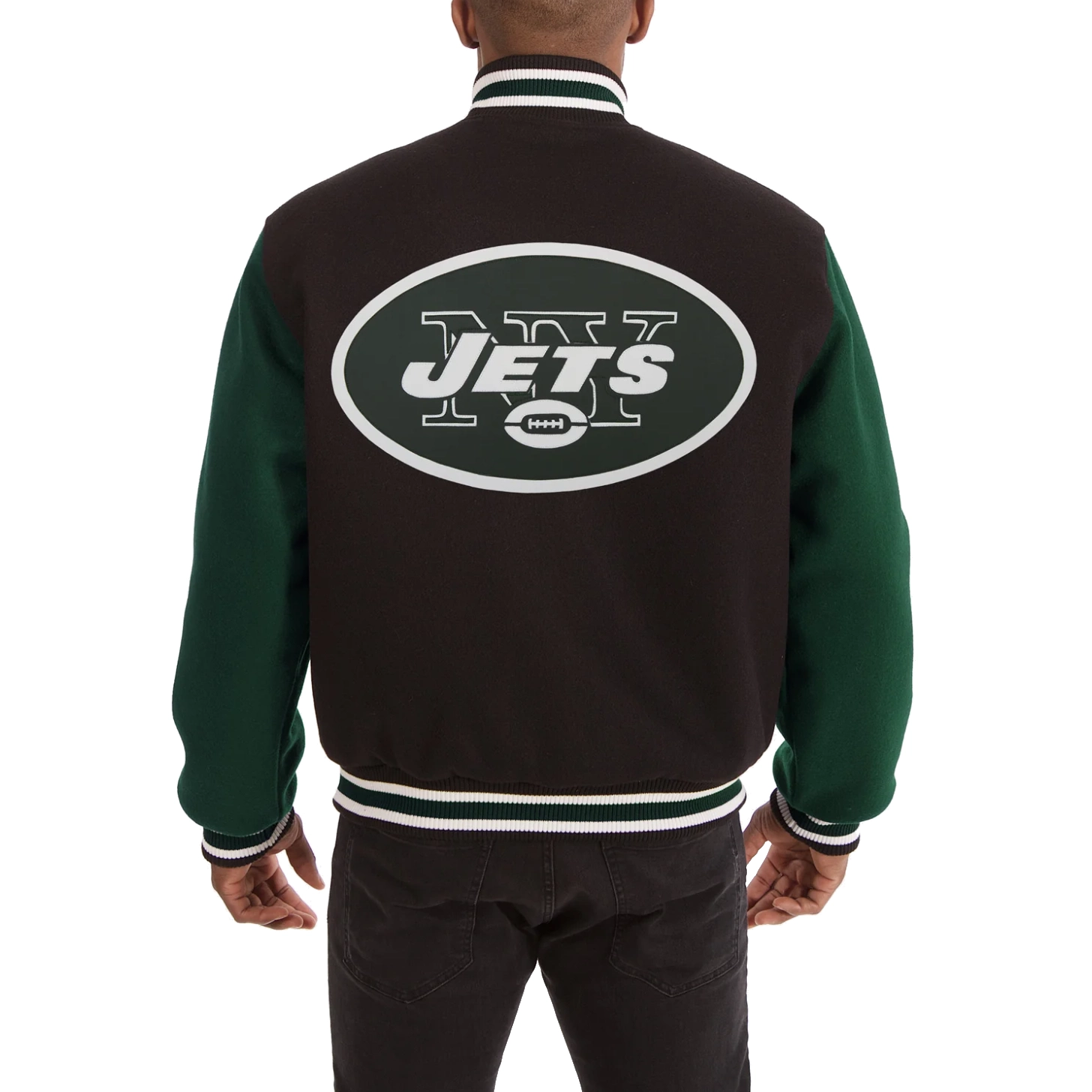 New York Jets Handmade Two Tone Black/Green Wool Varsity Jacket - Image 2