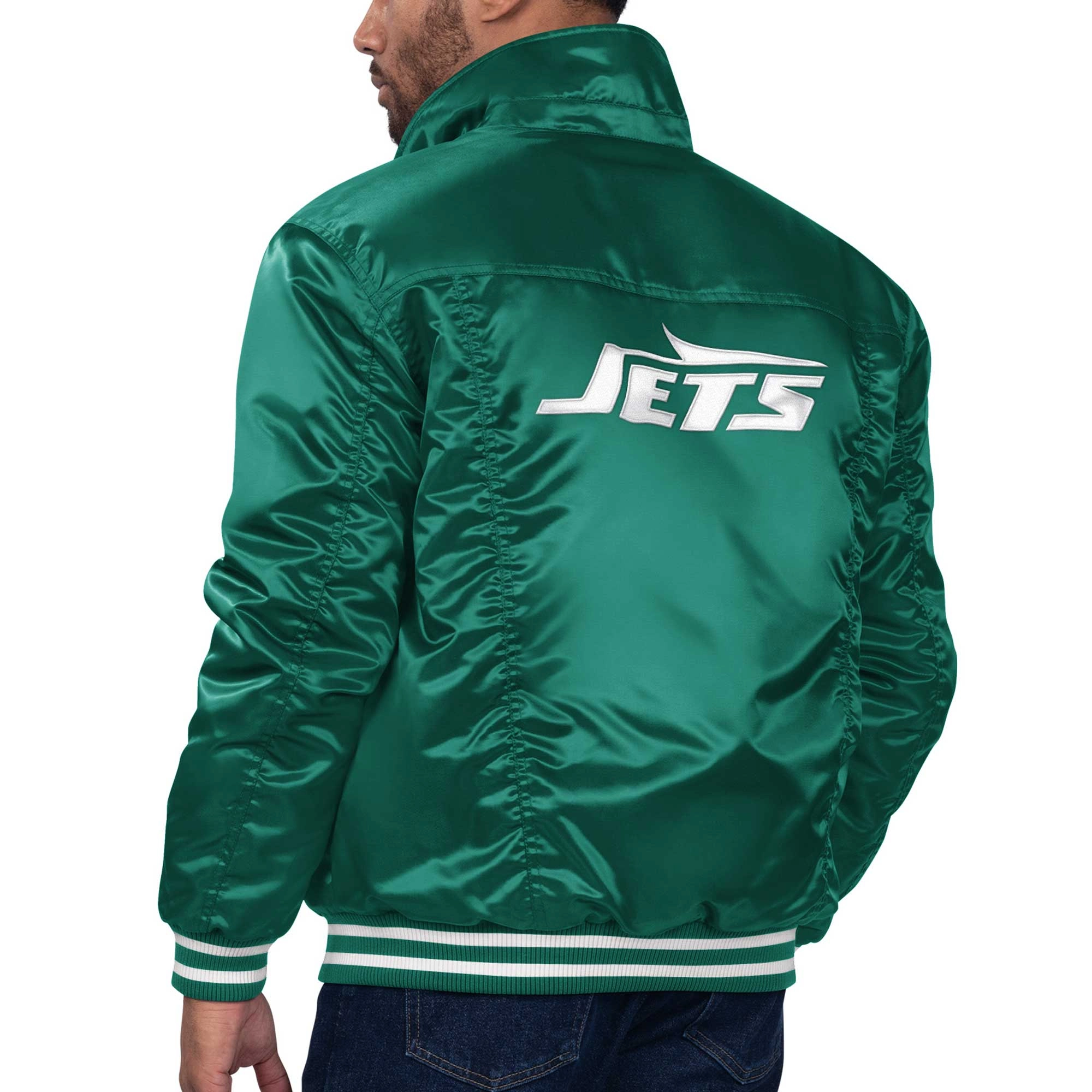 New York Jets Silver Tab Satin Varsity Green Satin Trucker Jacket - Image 2