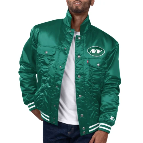 New York Jets Silver Tab Satin Varsity Green Satin Trucker Jacket