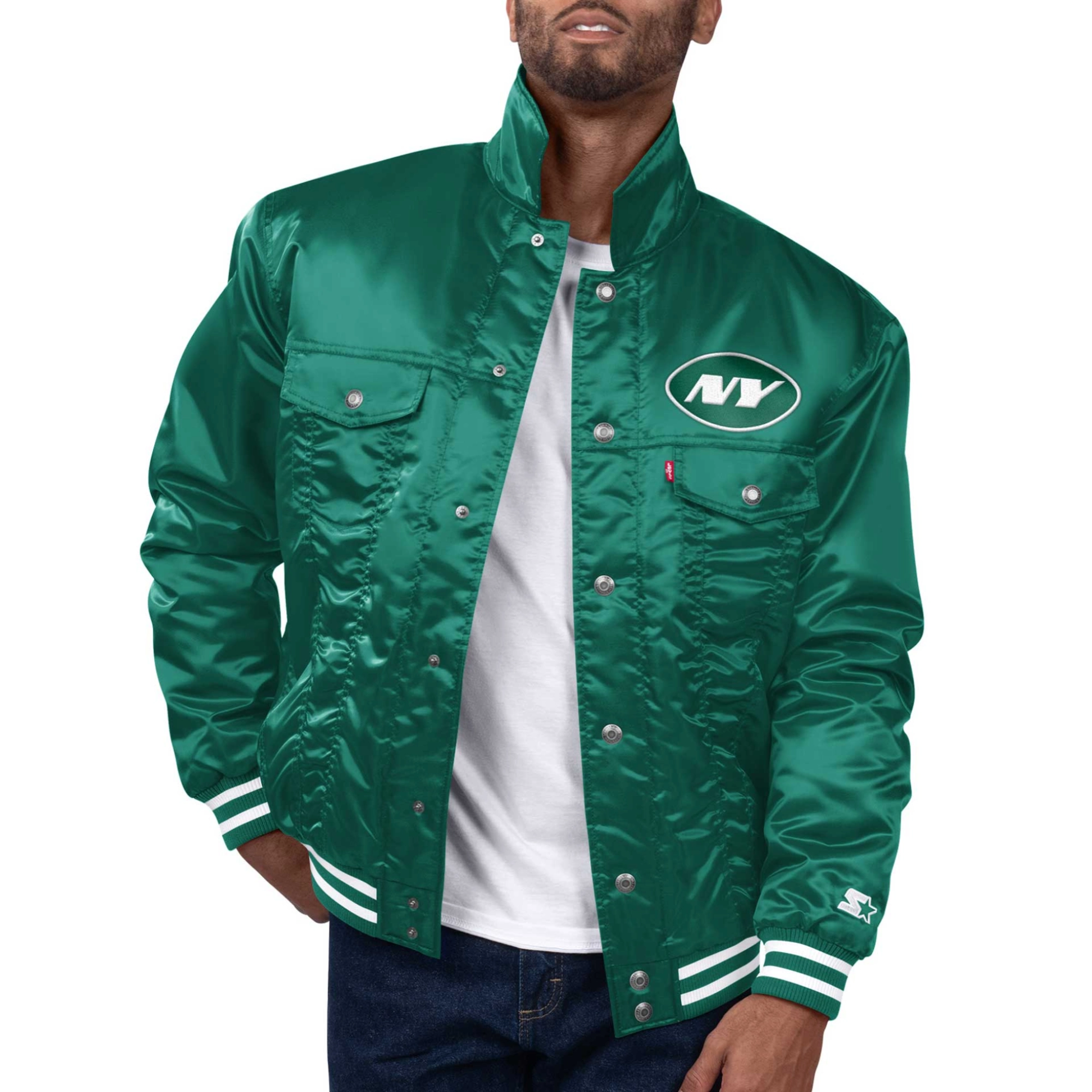New York Jets Silver Tab Satin Varsity Green Satin Trucker Jacket