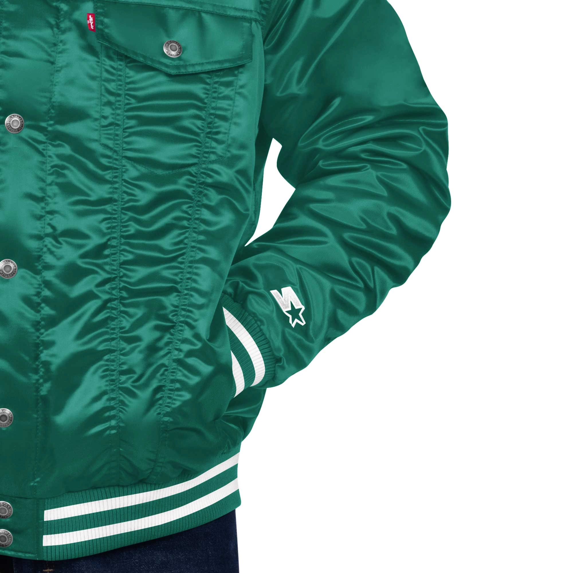 New York Jets Silver Tab Satin Varsity Green Satin Trucker Jacket - Image 3