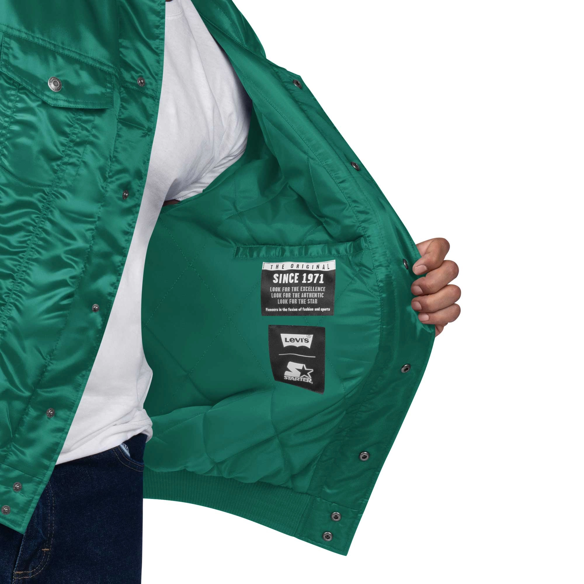 New York Jets Silver Tab Satin Varsity Green Satin Trucker Jacket - Image 4