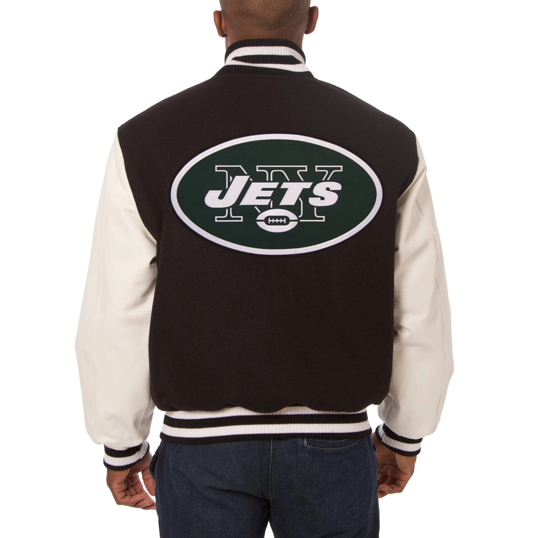 New York Jets Two Tone Black/White Wool & Leather Varsity Jacket - Image 2