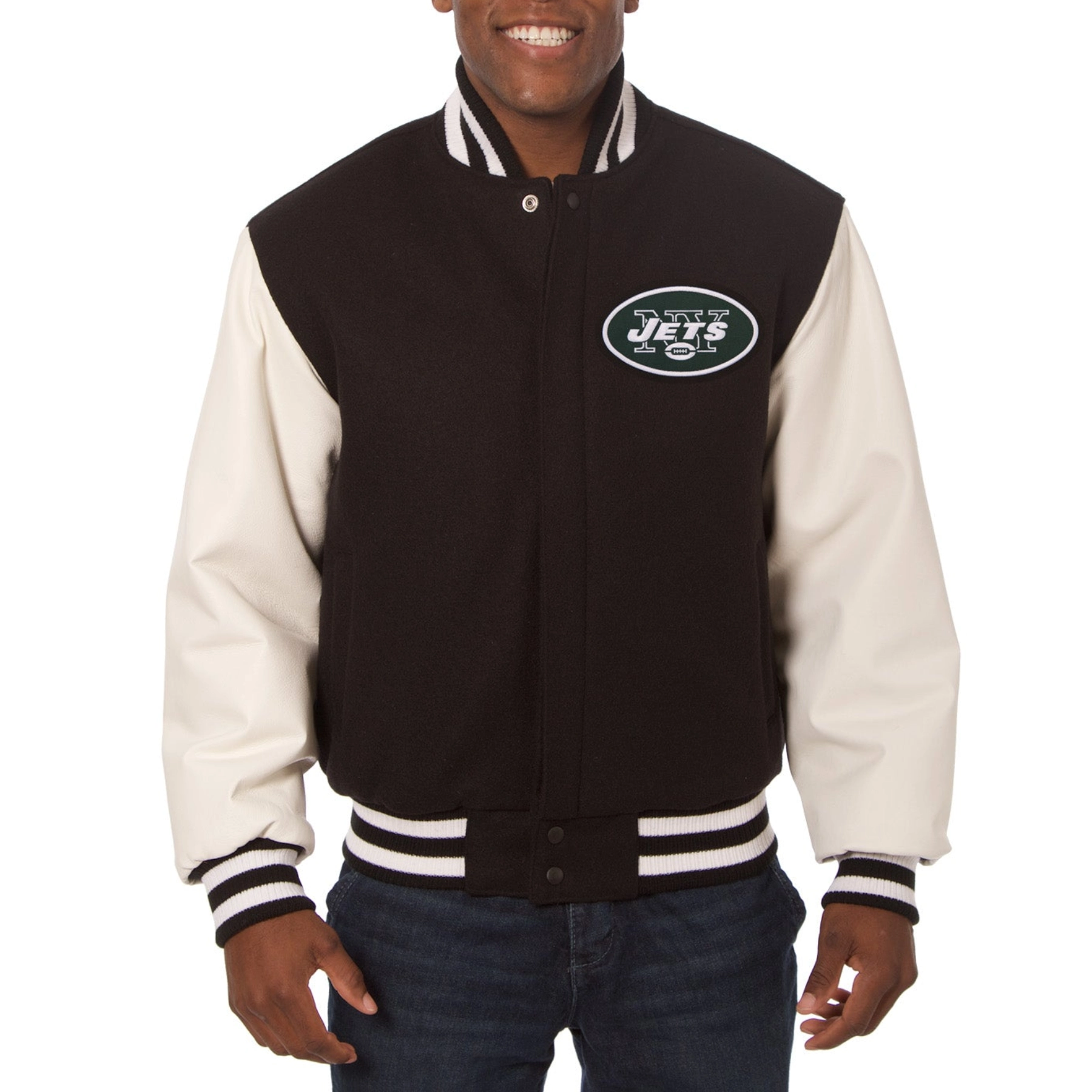 New York Jets Two Tone Black/White Wool & Leather Varsity Jacket