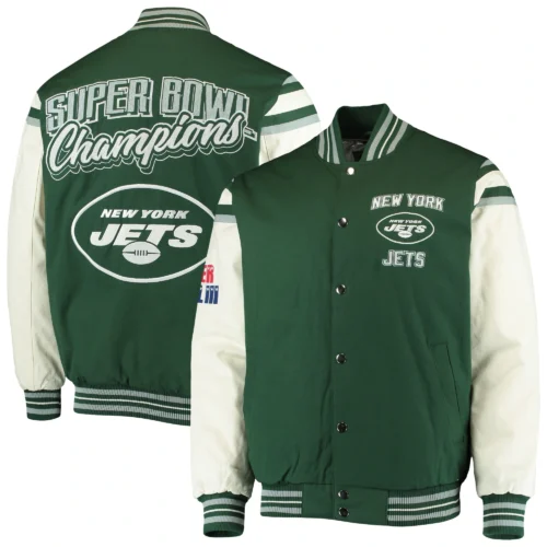 New York Jets Victory Formation Commemorative Full-Snap Green/White Wool & Leather Varsity Jacket - Image 3