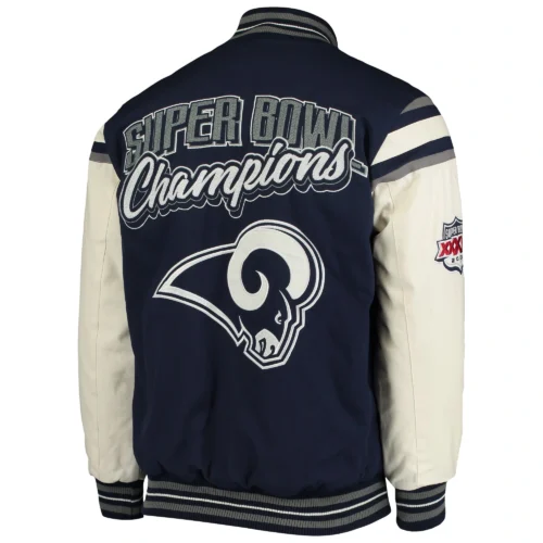 Alternative view of Los Angeles Rams Victory Formation Commemorative Full-Snap Navy & White Wool & Leather Varsity Jacket