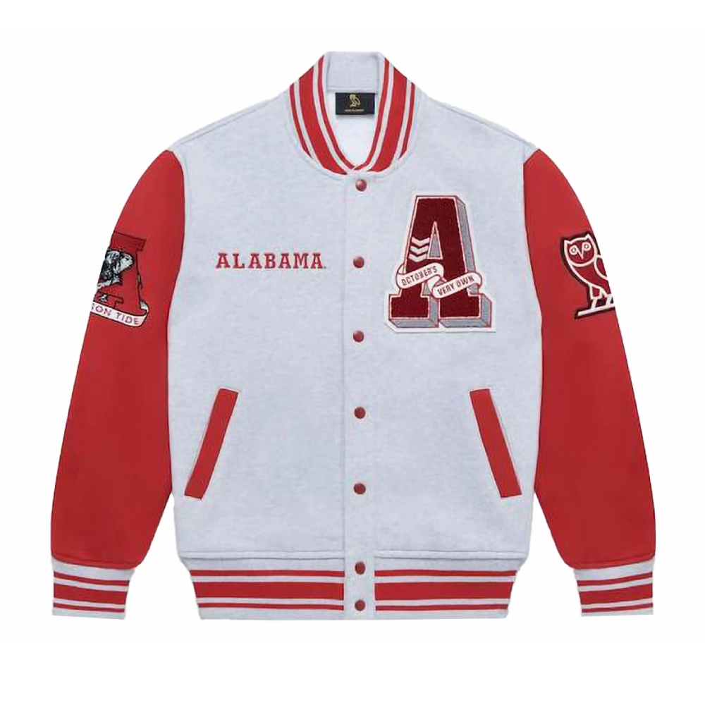 OVO x NCAA Alabama Crimson Tide Full-Snap White/Red Wool Varsity Jacket