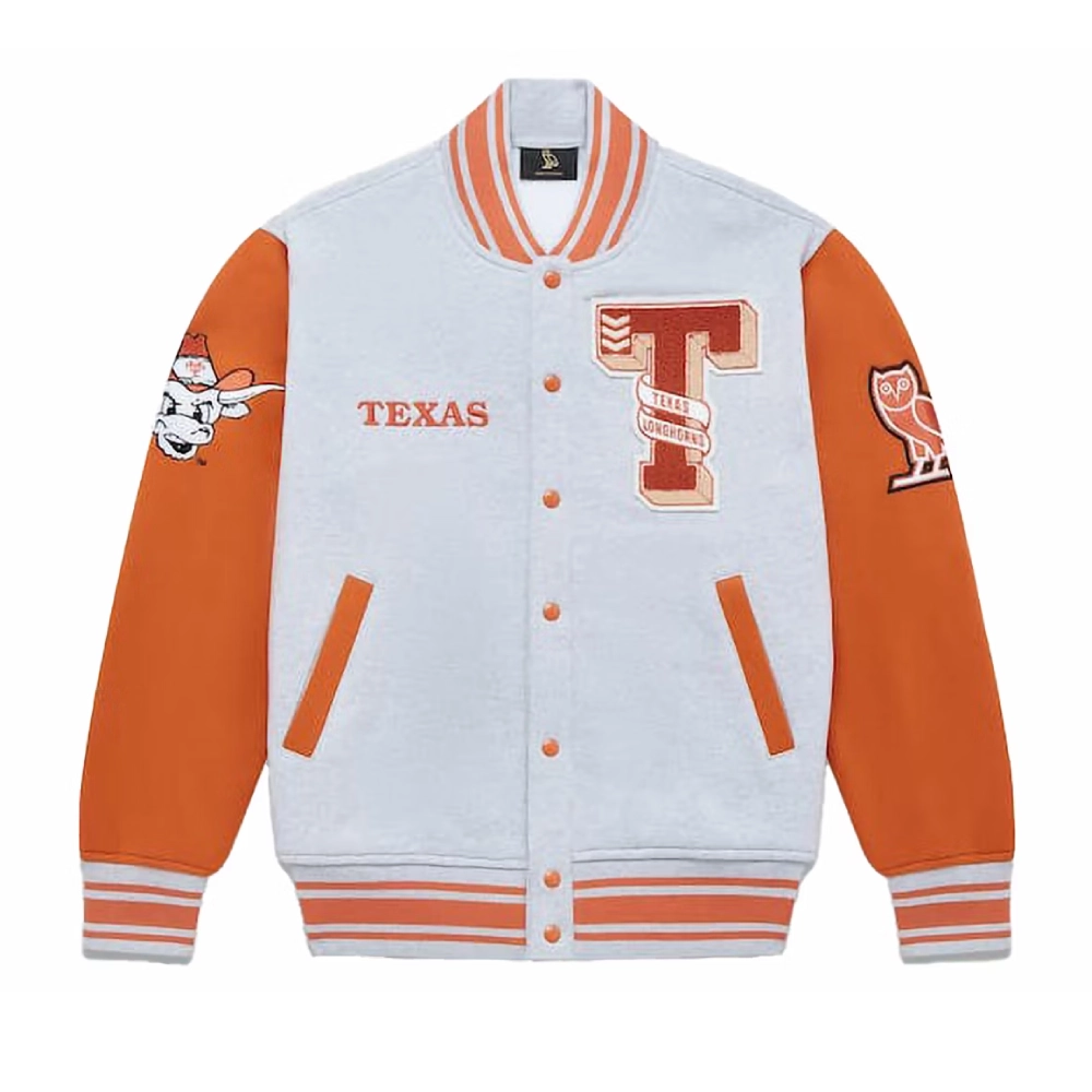 Texas Longhorns Full-Snap White/Orange Wool Varsity Jacket