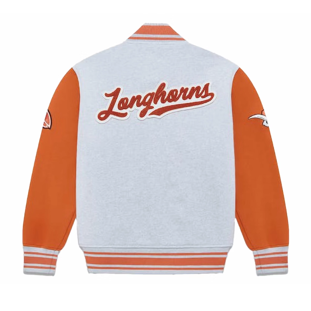 Texas Longhorns Full-Snap White/Orange Wool Varsity Jacket - Image 2