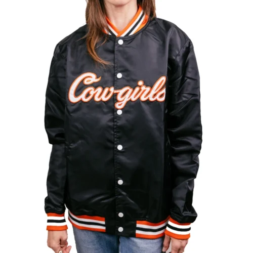 Alternative view of Oklahoma State Cowboys Full-Snap Satin Bomber Varsity Jacket - Black