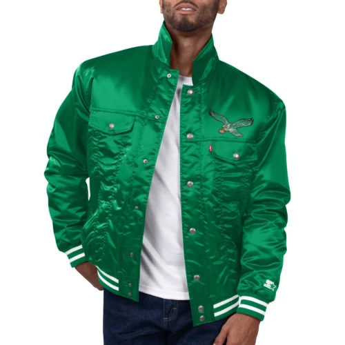 Philadelphia Eagles Silver Tab Trucker Varsity Satin Jacket - Green