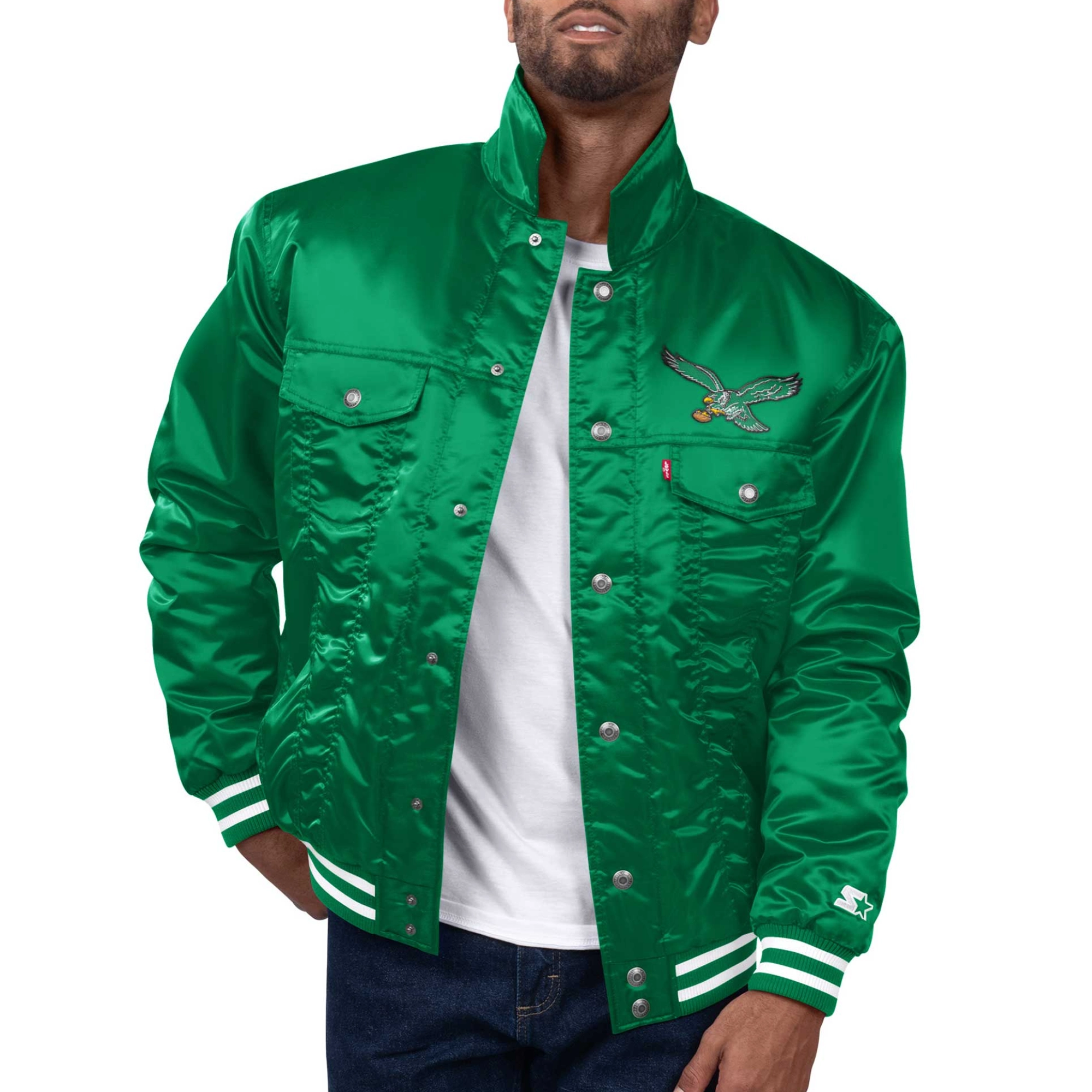 Philadelphia Eagles Silver Tab Trucker Varsity Satin Jacket - Green