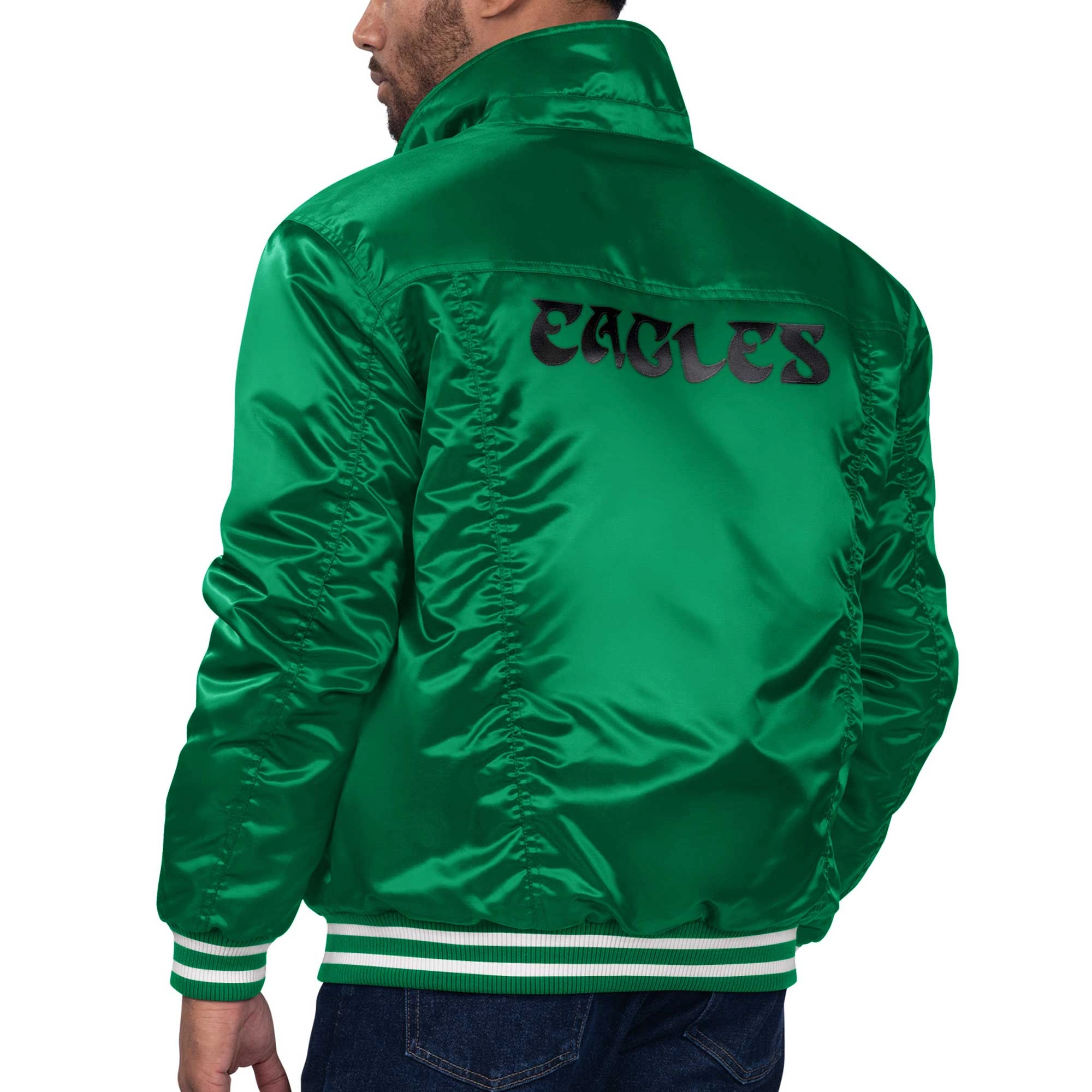 Philadelphia Eagles Silver Tab Trucker Varsity Satin Jacket - Green - Image 2