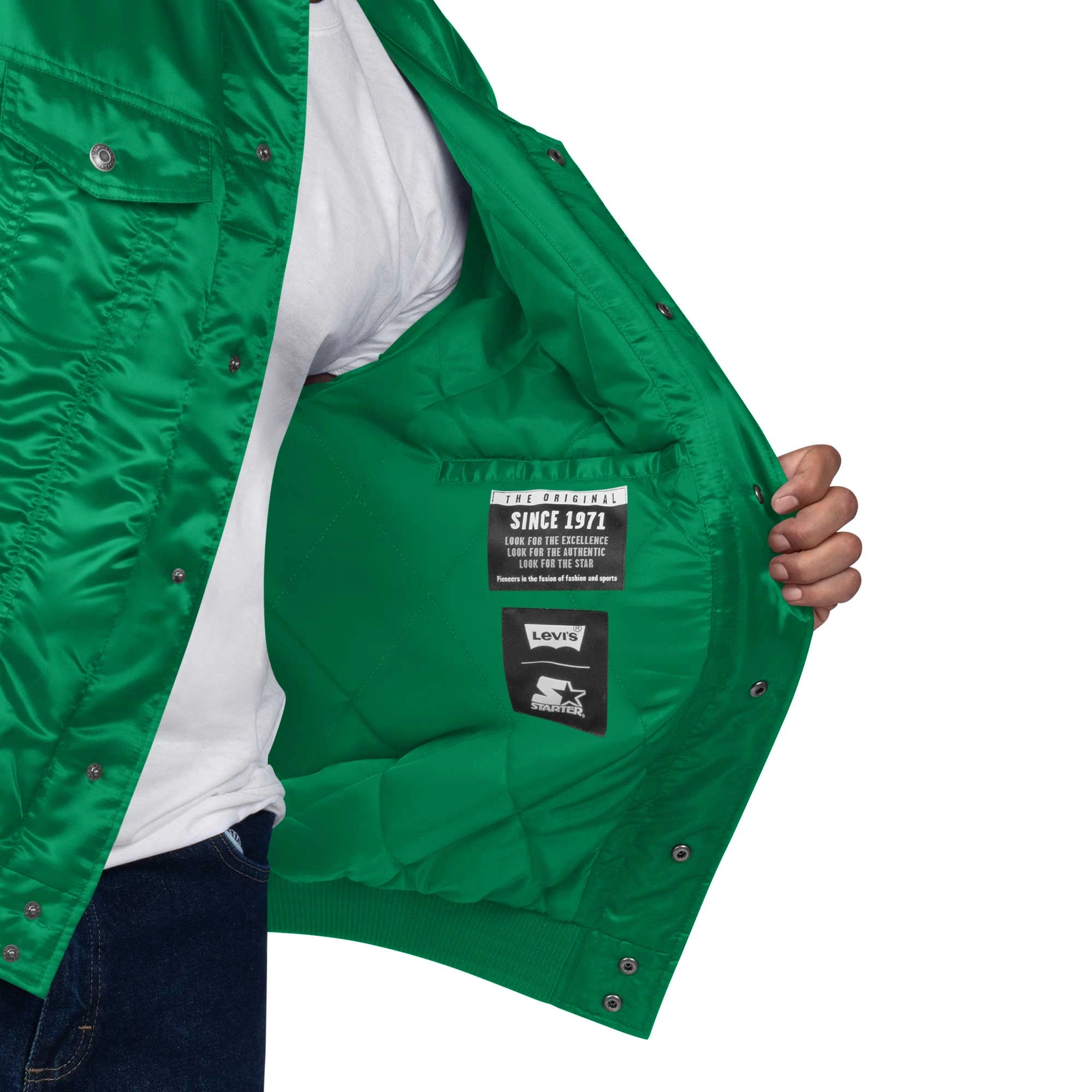 Philadelphia Eagles Silver Tab Trucker Varsity Satin Jacket - Green - Image 4