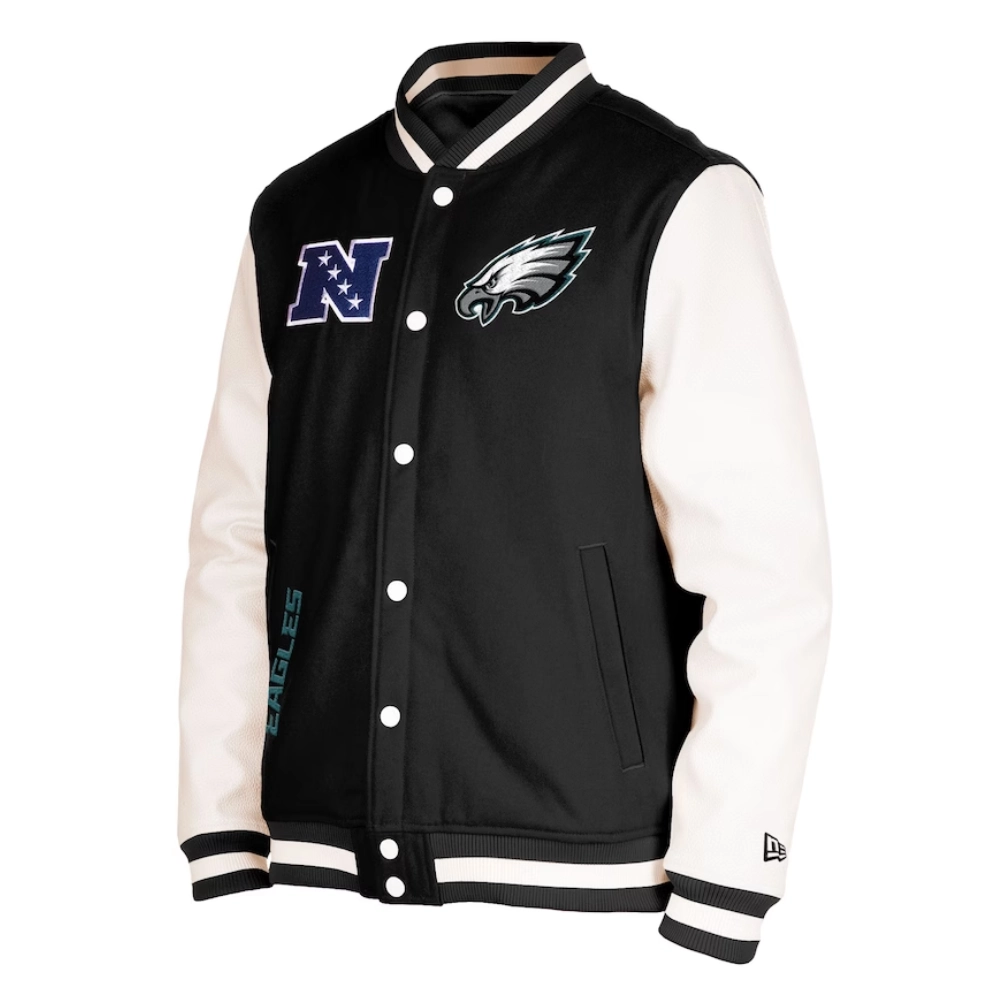 Philadelphia Eagles Third Down Full-Snap Wool & Leather Varsity Jacket - Black/White