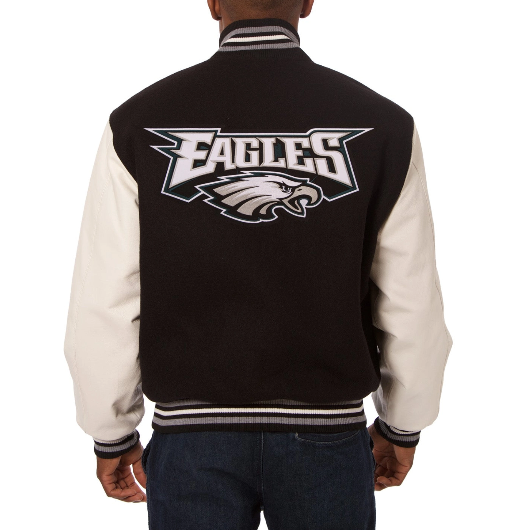 Philadelphia Eagles Two Tone Wool & Leather Varsity Jacket - Black/Cream - Image 2