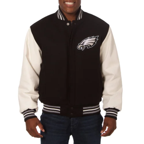 Philadelphia Eagles Two Tone Wool & Leather Varsity Jacket - Black/Cream