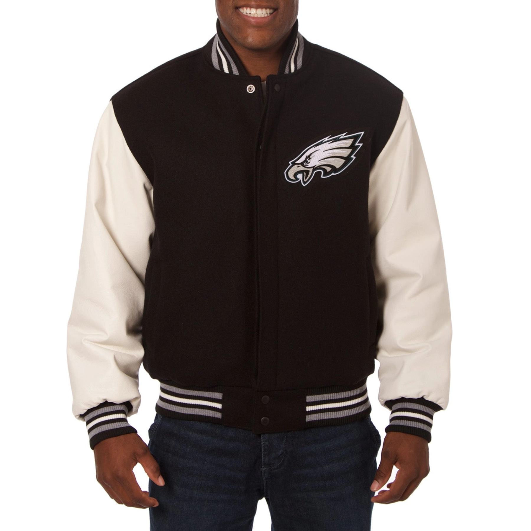 Philadelphia Eagles Two Tone Wool & Leather Varsity Jacket - Black/Cream