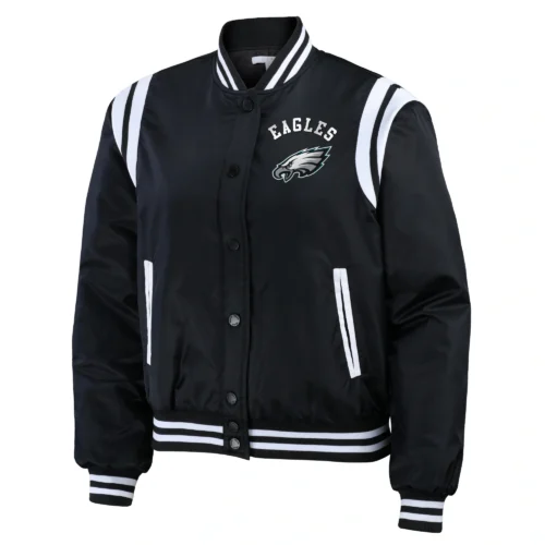 Philadelphia Eagles Women's Full-Snap Bomber Varsity Satin Jacket - Black