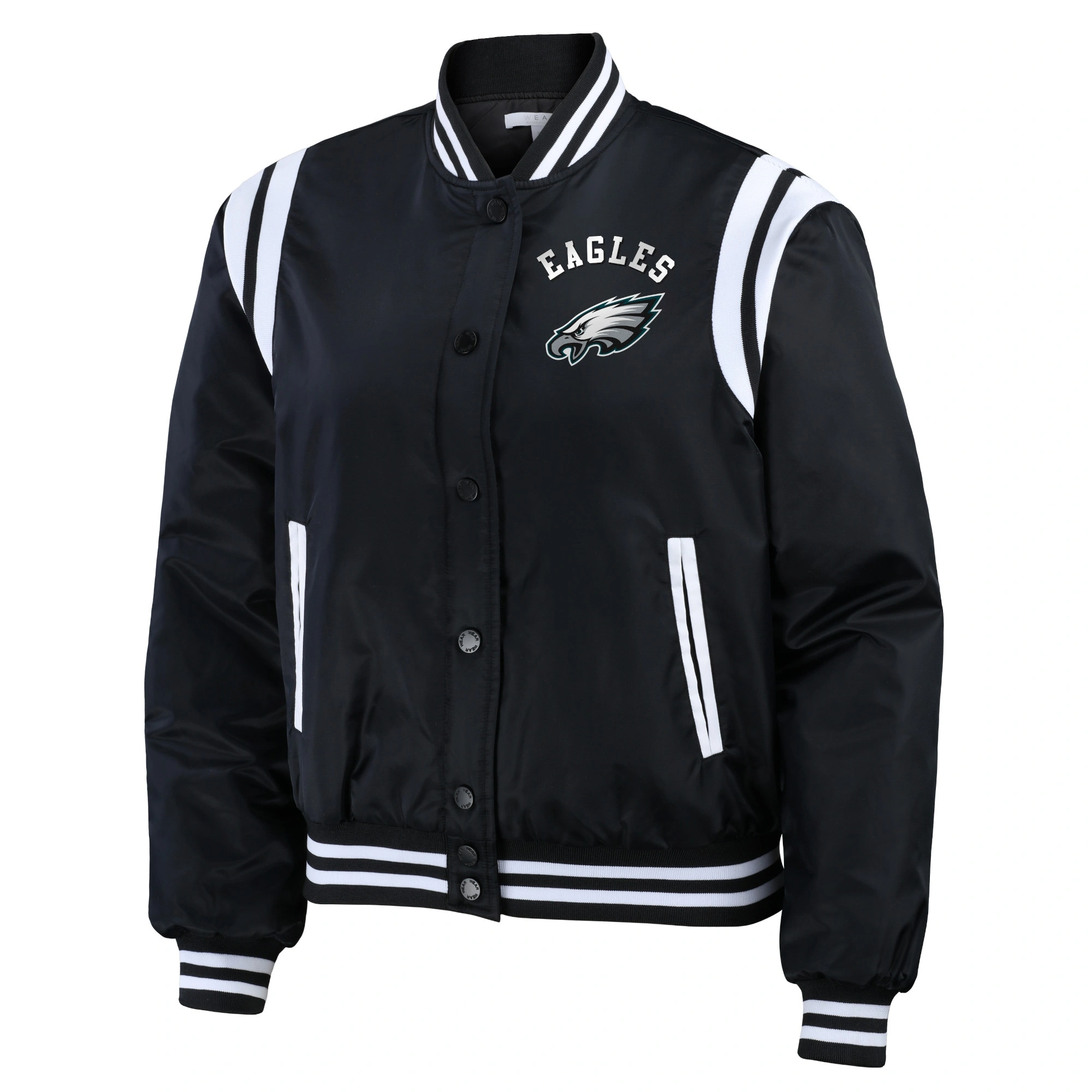 Philadelphia Eagles Women's Full-Snap Bomber Varsity Satin Jacket - Black