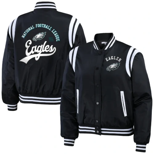 Philadelphia Eagles Women's Full-Snap Bomber Varsity Satin Jacket - Black - Image 3