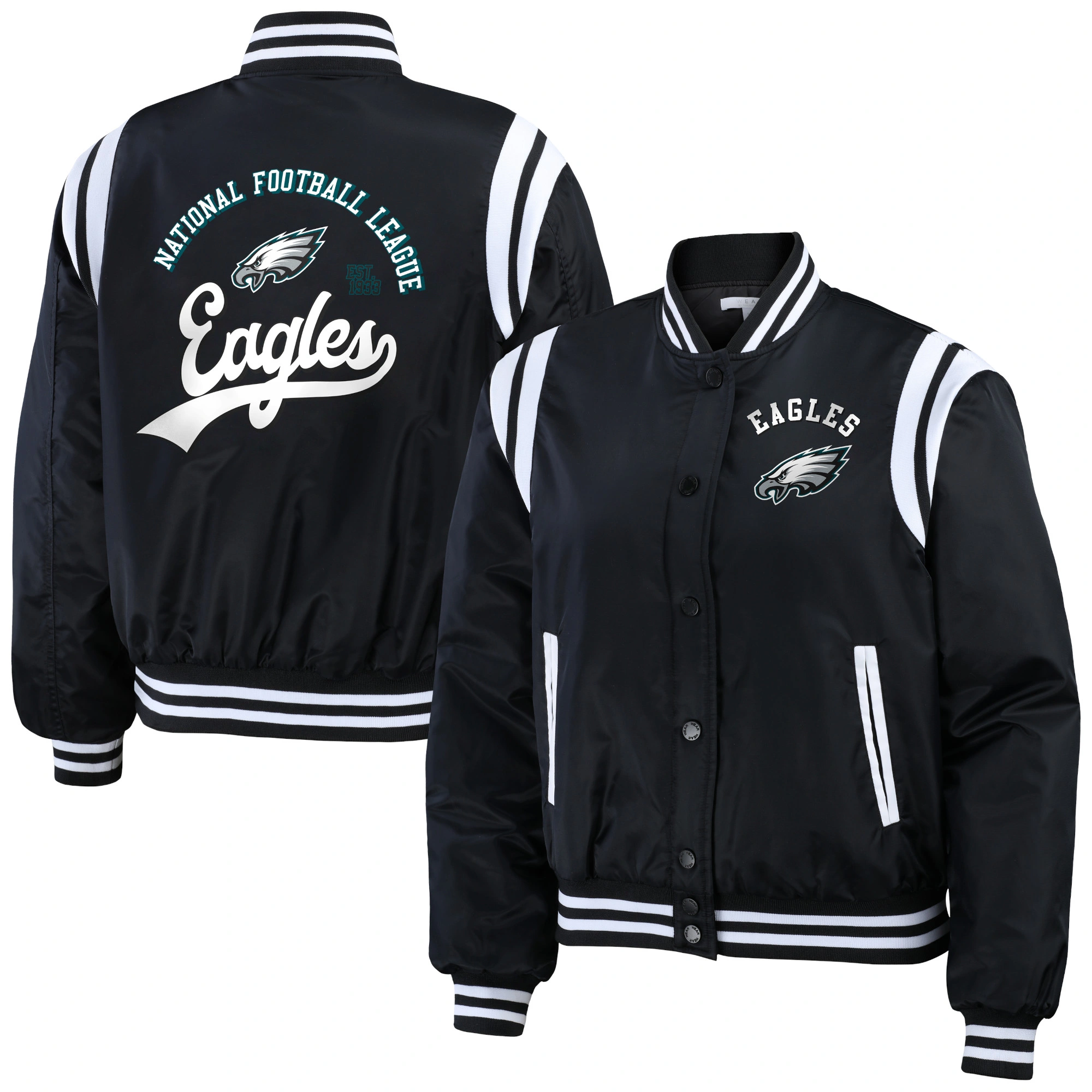 Philadelphia Eagles Women's Full-Snap Bomber Varsity Satin Jacket - Black - Image 3