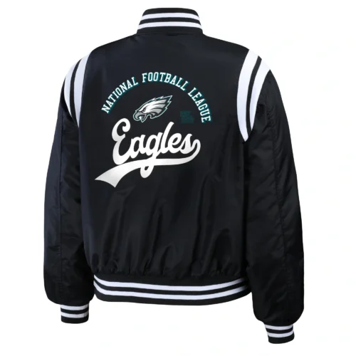 Alternative view of Philadelphia Eagles Women's Full-Snap Bomber Varsity Satin Jacket - Black