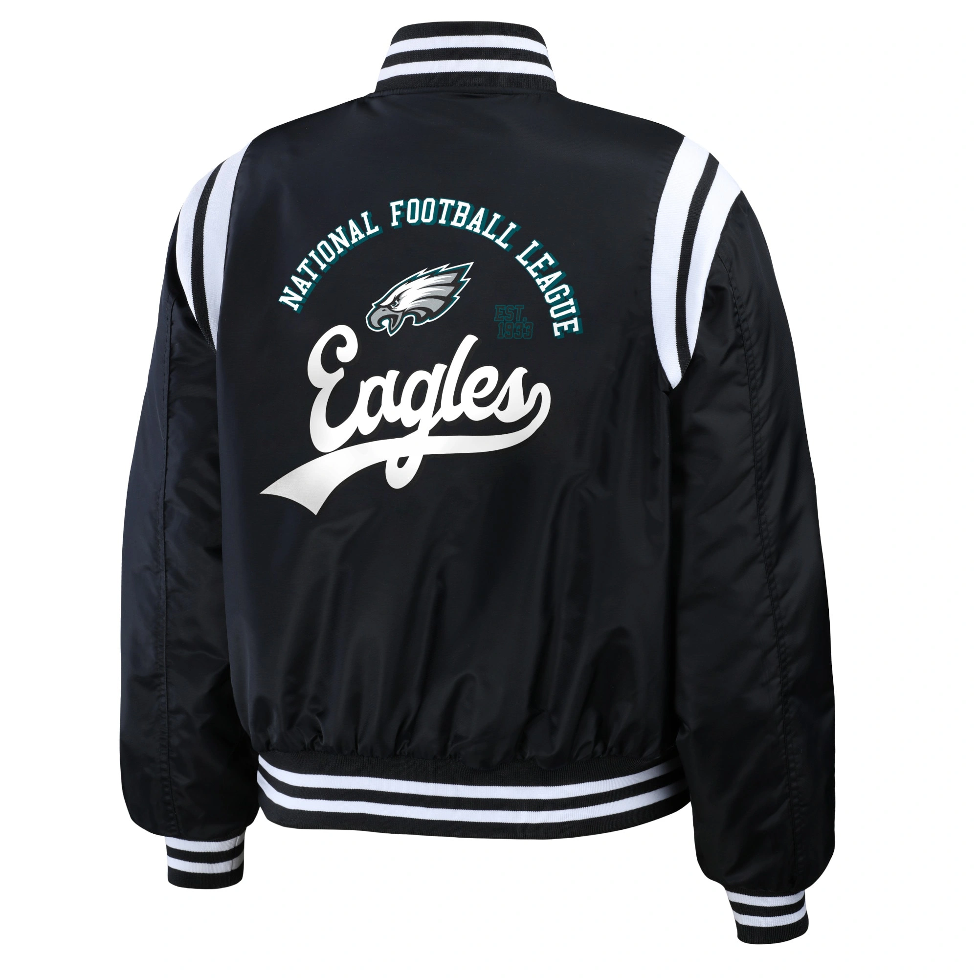 Philadelphia Eagles Women's Full-Snap Bomber Varsity Satin Jacket - Black - Image 2