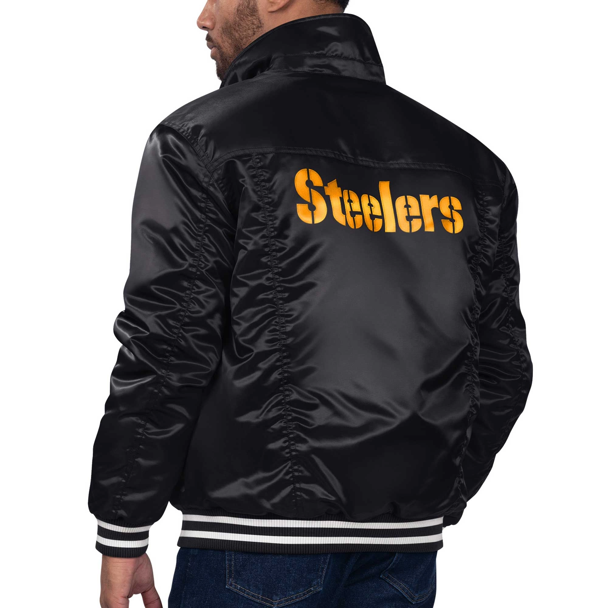 Pittsburgh Steelers Silver Tab Trucker Black Satin Varsity Jacket - Image 2
