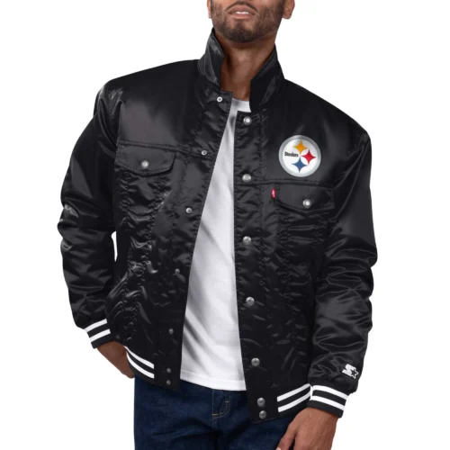 Pittsburgh Steelers Silver Tab Trucker Black Satin Varsity Jacket