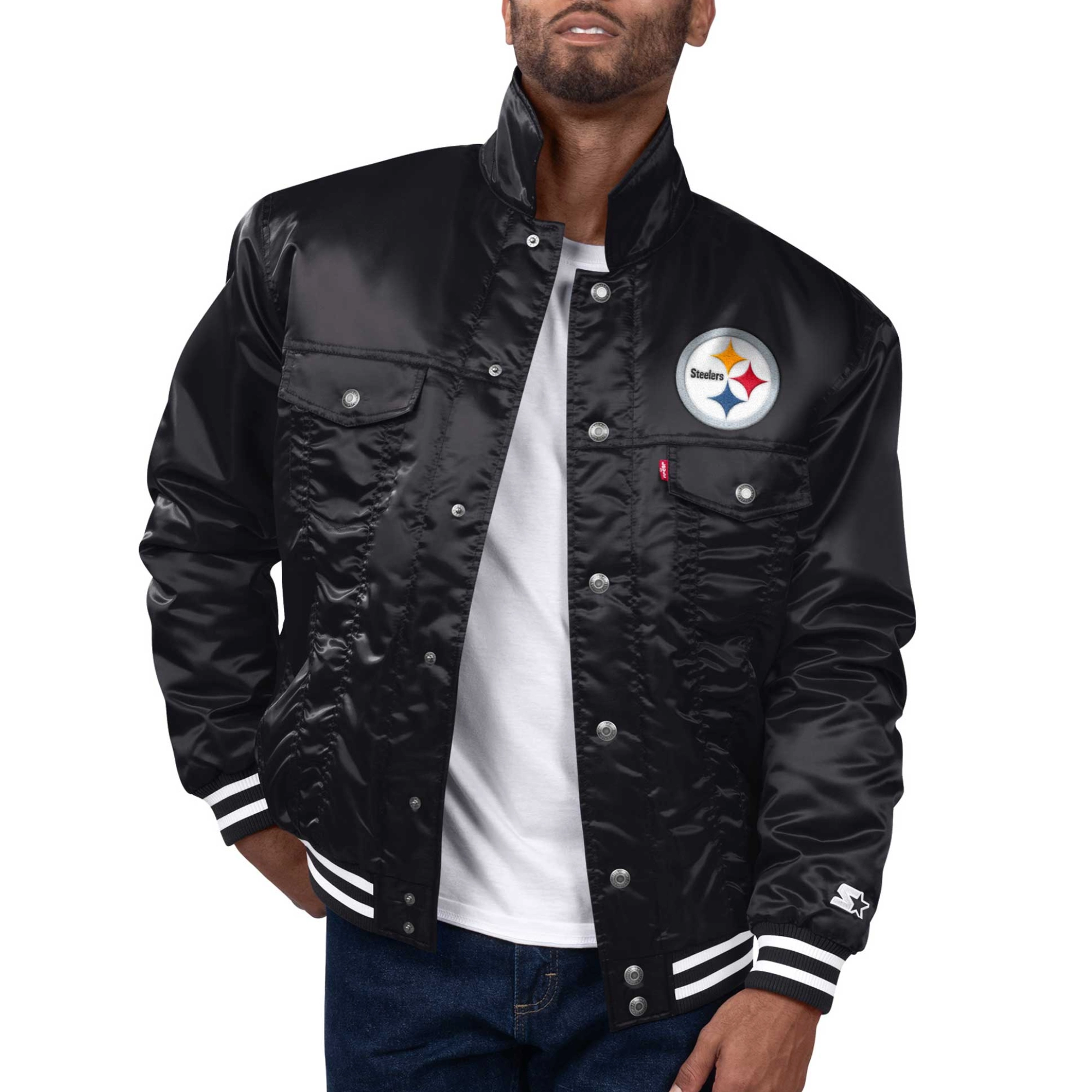 Pittsburgh Steelers Silver Tab Trucker Black Satin Varsity Jacket