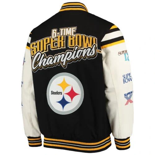 Alternative view of Pittsburgh Steelers Victory Formation Commemorative Full-Snap Black/White Wool & Leather Varsity Jacket