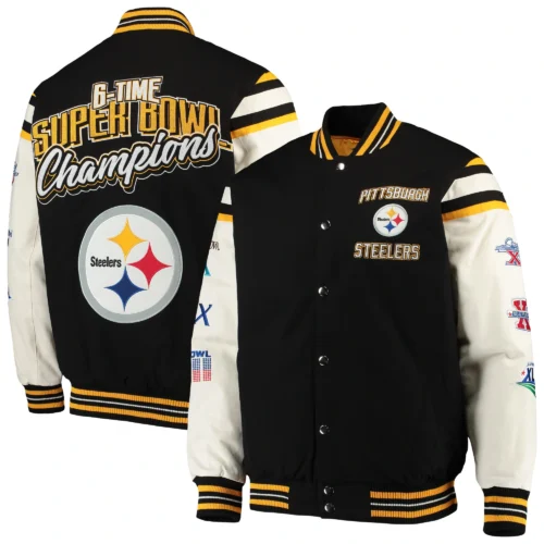 Pittsburgh Steelers Victory Formation Commemorative Full-Snap Black/White Wool & Leather Varsity Jacket - Image 3