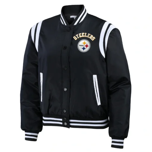 Pittsburgh Steelers Women's Full-Snap Bomber Black Satin Varsity Jacket