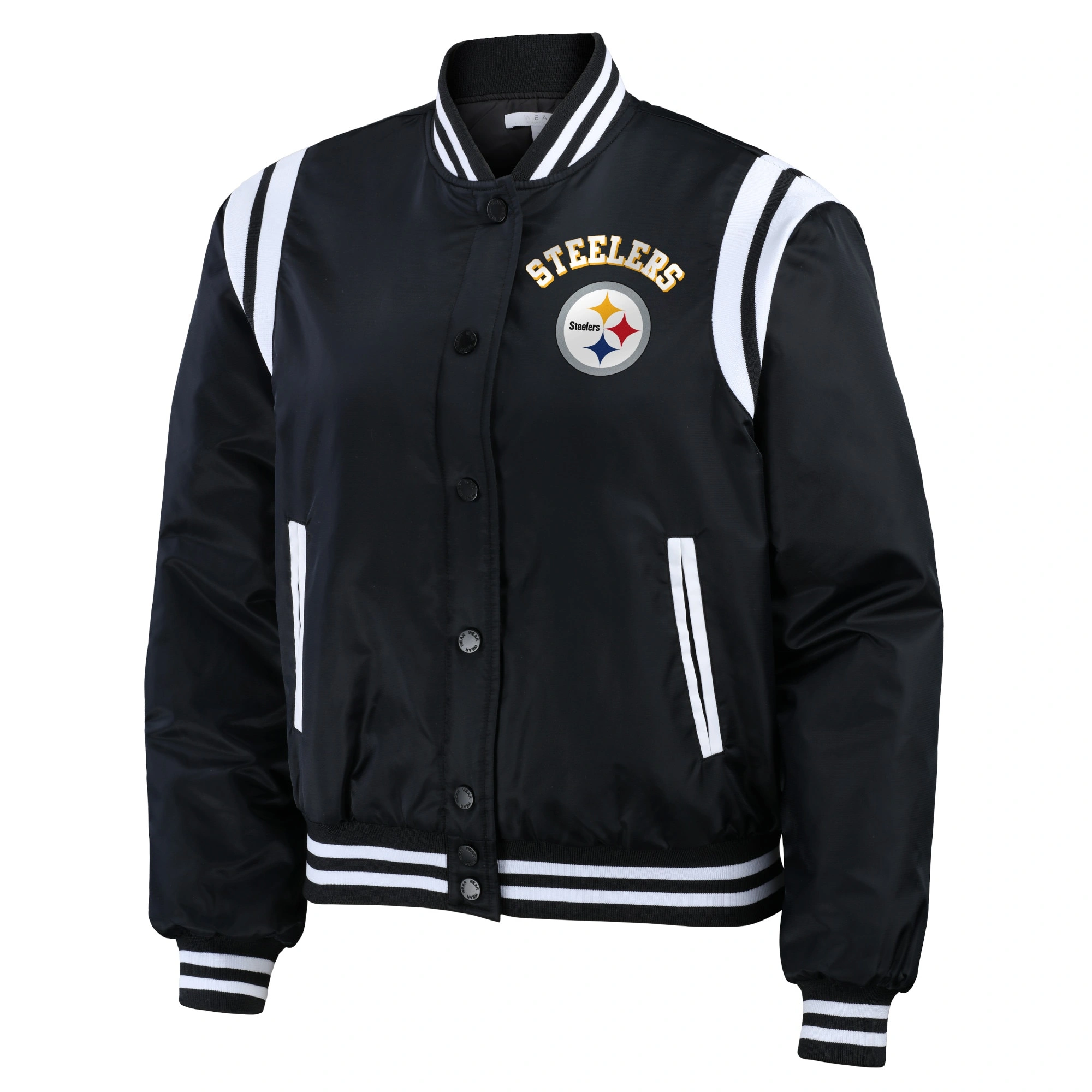 Pittsburgh Steelers Women's Full-Snap Bomber Black Satin Varsity Jacket