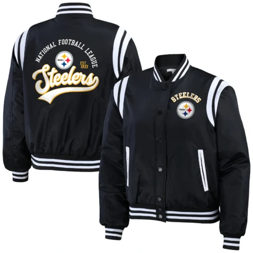 Pittsburgh Steelers Women's Full-Snap Bomber Black Satin Varsity Jacket - Image 3