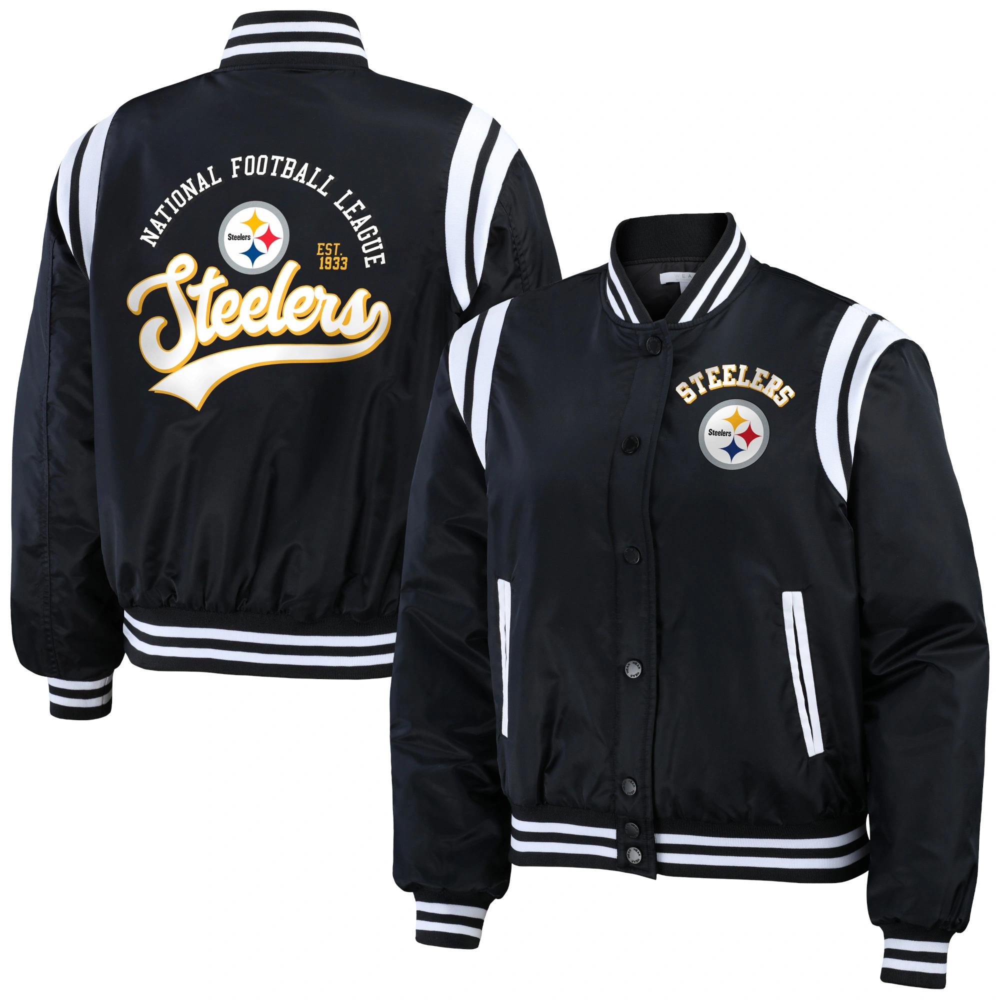 Pittsburgh Steelers Women's Full-Snap Bomber Black Satin Varsity Jacket - Image 3