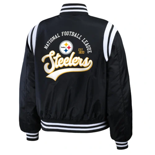 Alternative view of Pittsburgh Steelers Women's Full-Snap Bomber Black Satin Varsity Jacket