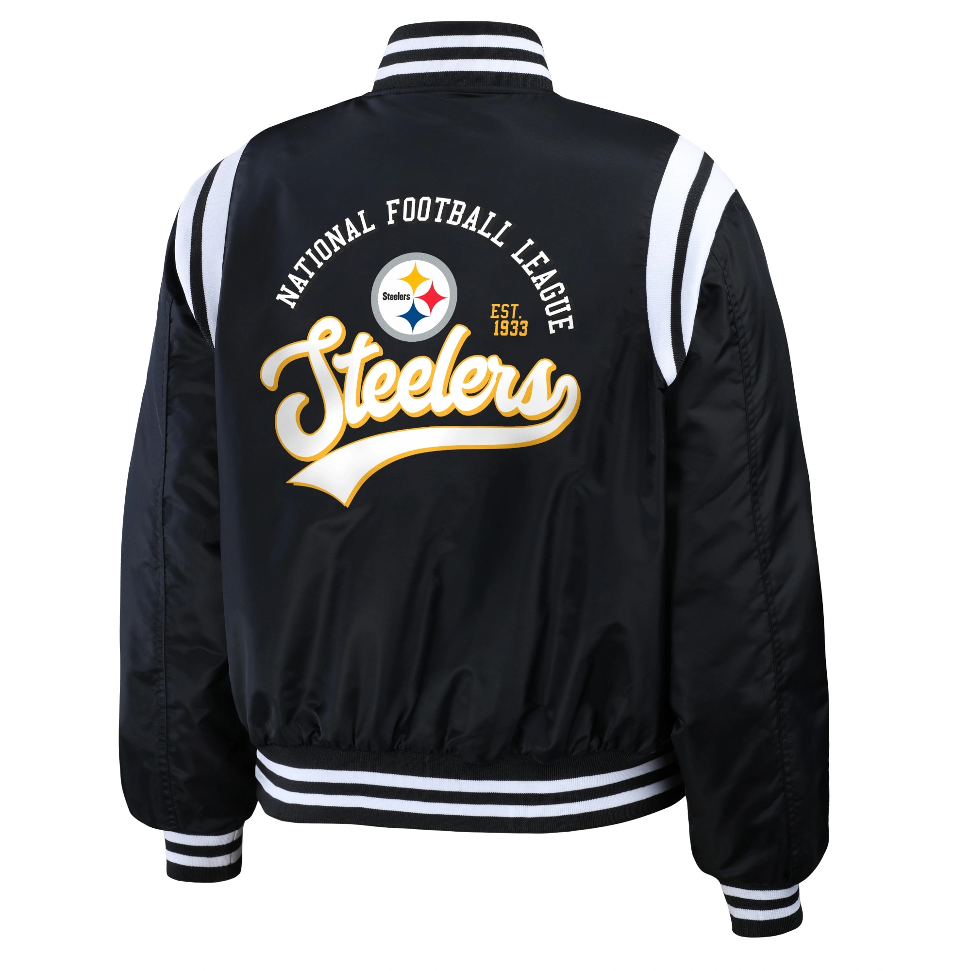 Pittsburgh Steelers Women's Full-Snap Bomber Black Satin Varsity Jacket - Image 2