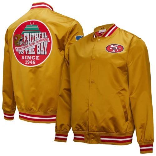 San Francisco 49ers Double Down Gold Satin Varsity Jacket - Image 6