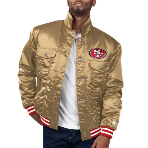 San Francisco 49ers Silver Tab Golden Satin Trucker Varsity Jacket