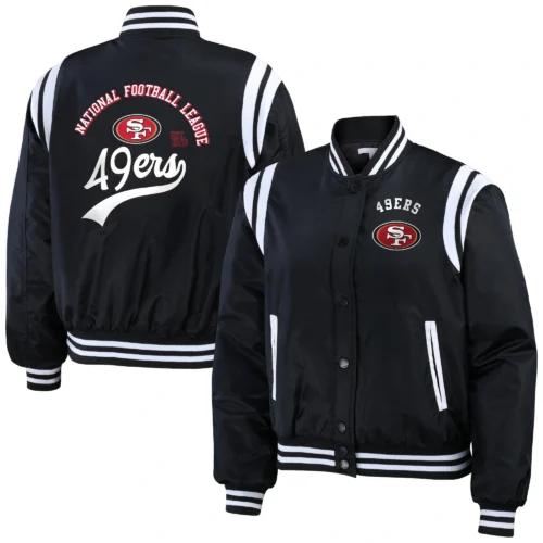 San Francisco 49ers Women's Full-Snap Bomber Black Varsity Jacket - Image 3