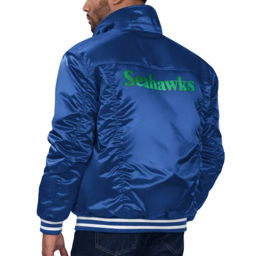 Alternative view of Seattle Seahawks Silver Tab Trucker Blue Satin Varsity Jacket