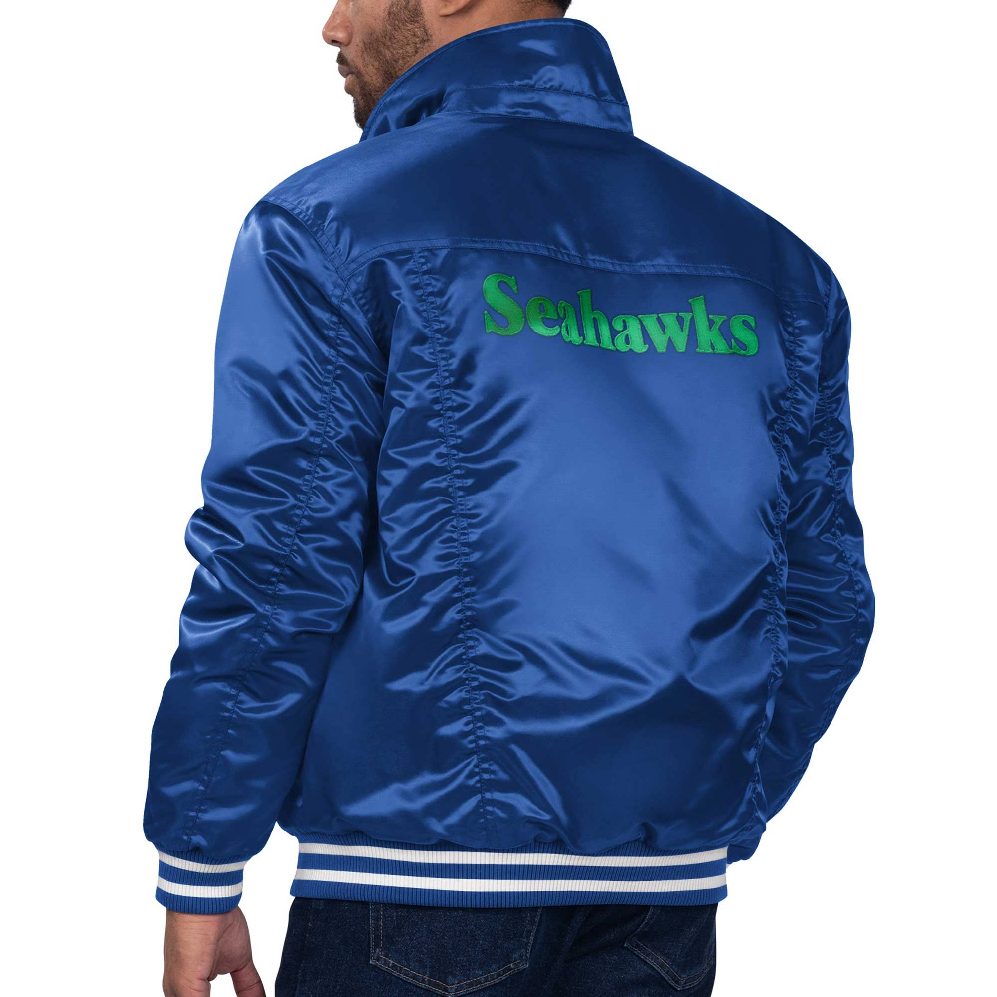 Seattle Seahawks Silver Tab Trucker Blue Satin Varsity Jacket - Image 2