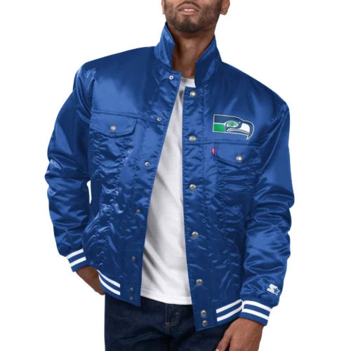 Seattle Seahawks Silver Tab Trucker Blue Satin Varsity Jacket